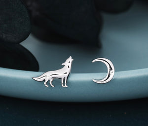 Sterling silver Wolf and Moon stud earrings