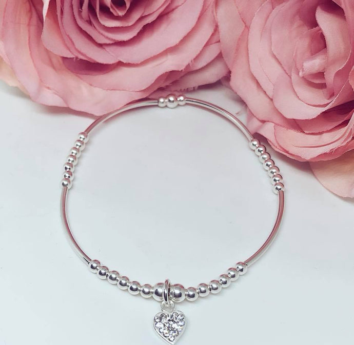 Sterling Silver Spacer Bracelet with Crystal Heart Charm