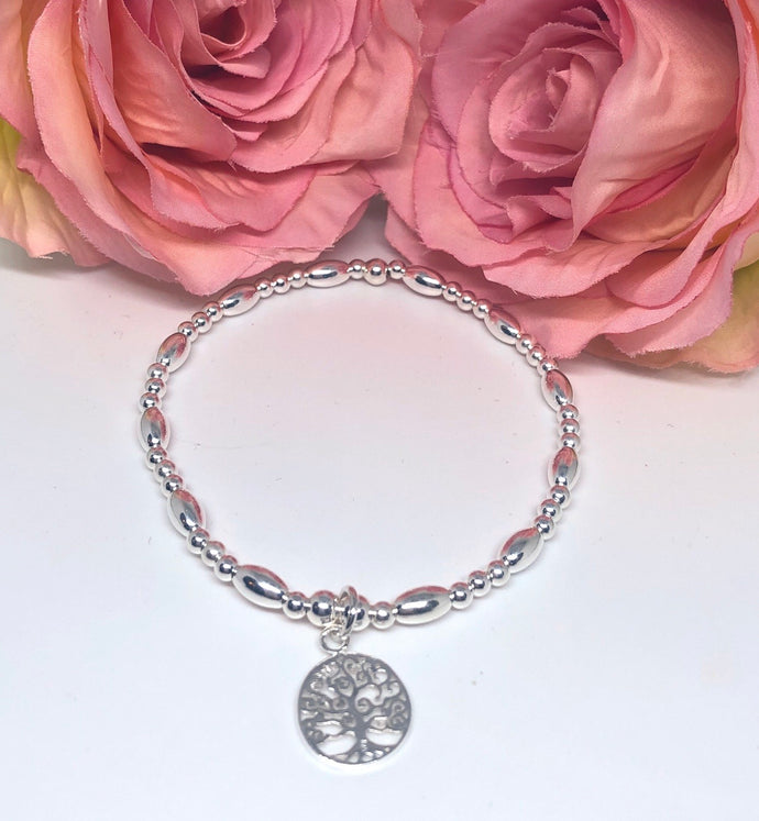 Sterling Silver Oval Spacer Bracelet with Tree of Life Charm
