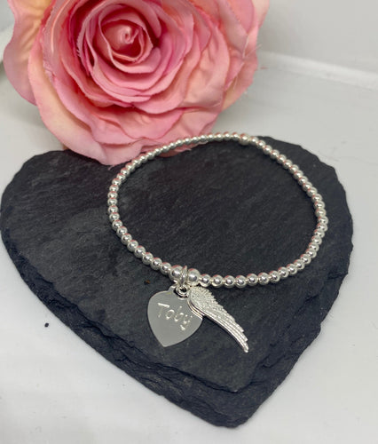 Classic Sterling Silver Bracelet with Personalised Heart & Feather charm