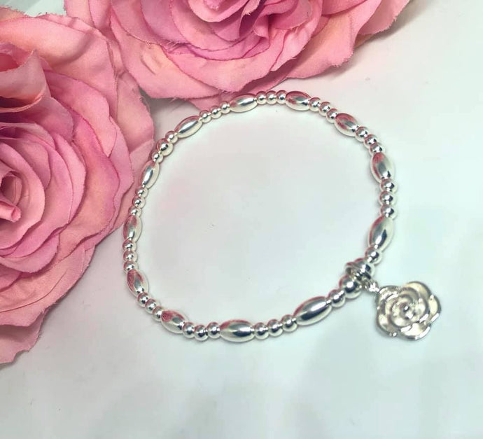 Sterling Silver Oval Spacer Bracelet with Rose Charm
